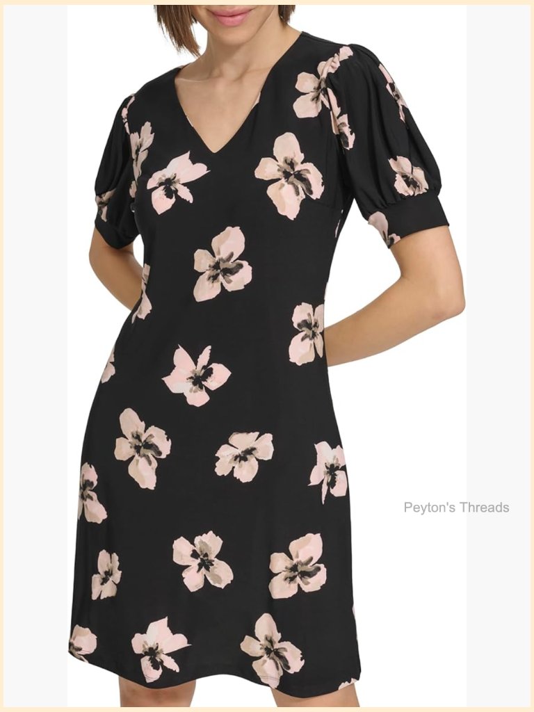 Short Puff Sleeve V-Neck Shift Mini Dress